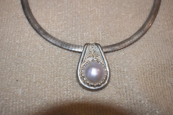 Sterling Silver Flat Choker Chain with Mabe Pearl Pendant