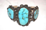 Vintage Old Pawn Native American Cuff Bracelet of Silver and Turquoise