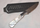 Rare, Custom Fixed Blade Knife by Charles Sauer, Gorgeous Mother of Pearl Handle, Damascus Blade