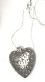Etched Silver Puffy Heart Pendant on Sterling 925 Chain