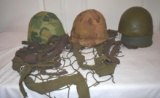 Grouping of 2 Helmets with Camo covers, Guille helmet cover and 2 spare liners