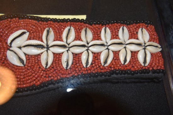 Vintage Native American Beaded Belt with Red Beads and Black Outline Beads, Patterns of Shells