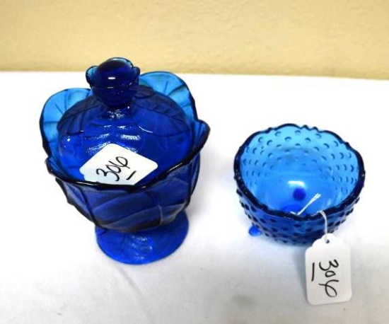 Cobalt Glass: Hobnail Dish and Covered Candy Jar