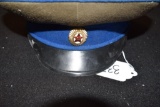 Vintage Military Cap, Green with Blue Band, Enamelled Pin with Red Star, hammer and sickle