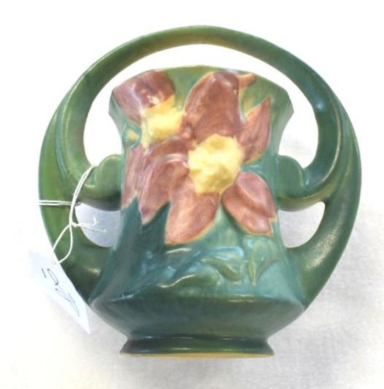 Green Roseville Handled Vase, Roseville, USA