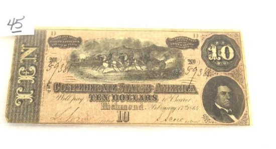 Authentic $10 Confederate Paper Currency 1864, Signed S. Scott, Blue Back