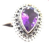 Ladies Ring with Pear shaped Amethyst, detailed Silver work Setting