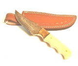 Damascus Skinner with polished Bone Handle, Damascus Blade , copper trim, Leather Sheath