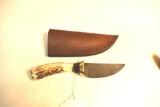 Hunting/ Skinning Knife with Damascus Blade and Stag Handle, Leather Sheath