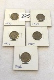 Five Buffalo Nickels 1923-26-35-36-and 1937