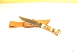 Stag Handle Hunting Knife , Cowboy etching on blade and Cowboy Pommel, Leather Sheath