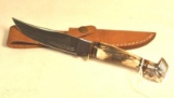 Hunting Knife with Stag Handle, Indian Etching on blade, Indian on Pommel, Leather Sheath