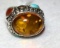 925 Sterling, Dome Style Indian Ring with Amber center, turquoise and coral around sides