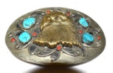 Large Belt Buckle with Brass Eagle and Turquoise Nuggets
