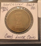 Rare Worcester Salt Co, New York Vintage Good Luck Coin with Swastika