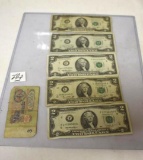 Paper U S $2 Bills, 1976 and 1995 and 1 paper Rubla Circulated