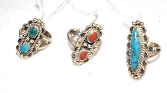 Native American style jewelry rings, various stones turquoise and coral color