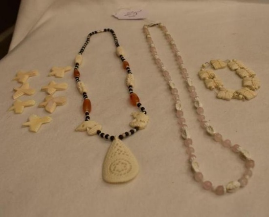 Grouping of Misc Bone Carved Jewelry Necklaces, Bracelet and Fettishes