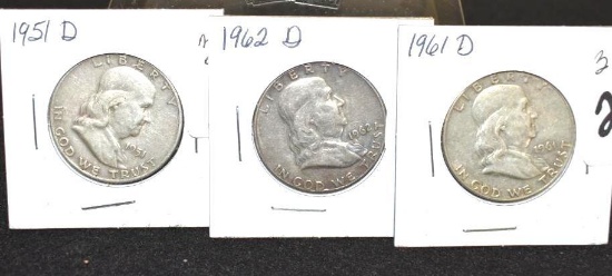 Ben Franklin Half Dollars 1951-D; 1961-D and 1962-D Denver Mints