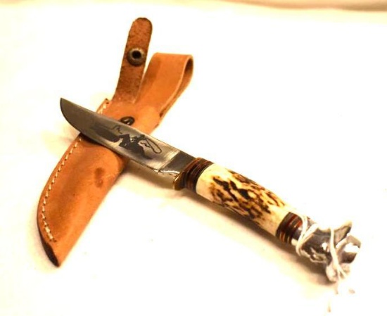 Stag Handle Fixed Blade Knife with Cowboy Pommel