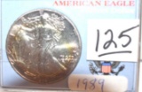 1989 American Eagle Silver Dollar with Gold Toning, 1 oz Fine Silver in plastic case