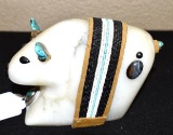 Carved Bear Fettish in stone with turquoise trims 3 inTall