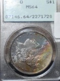 Rare Early Green Label PCGS Certified 1883-O Morgan Silver Dollar; Hi Grade MS 64; Beautiful rainbow