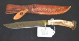 Handmade Custom Fixed Blade Bowie Hunting Knife with Crown Stag Horn Handle and Leather Sheath