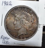 1922 U S Peace Silver Dollar, Great Condition, Details showing, but darkened from storage