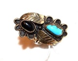 Native American Indian Jewelry Ring, double end with turquoise and jet, Leaf designs Old Pawn