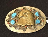 Oversize Belt Buckle with Genuine Turquoise Nuggets; Large Brass Eagle Center; Oval size 6 x 4