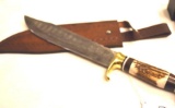 Damascus Blade Bowie Knife with stag handle and brass guard, Leather Sheath