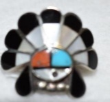 Hopi Inlay Native American Ring with Mother of Pearl, Jet, Coral and Turquoise