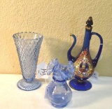 Art Glass: Blue Opalescent fluted 6 in vase; 11 in Cobalt Ewer with Hand painted design & * in Vase