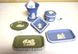 Wedgwood 6 pc Blue and Green Trinket Trays, and vase