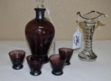 Amethysth Decaner and 4 shots & Clear Vase, Sterling overlay on both