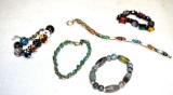 5 Costume Jewelry Bracelets wit glass beads and Millefori, Mixed Stone