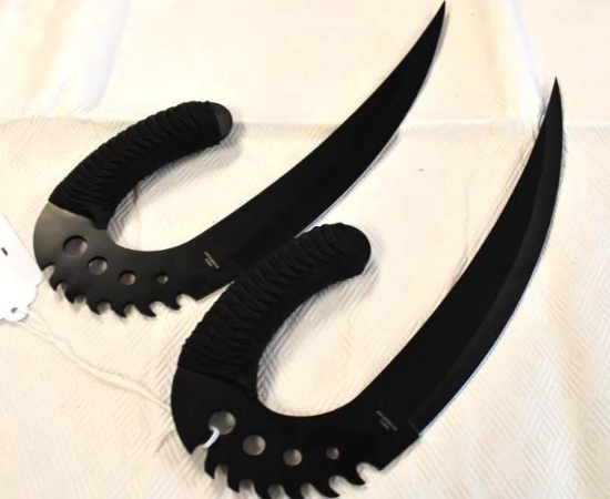 Set of 2 Fighting Knives with curved blades and cord wrapped handles
