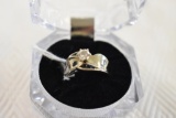 Ladies 14K Wide Ribbon Band Ring with Solitaire Diamond and Sapphire Accents Center