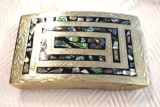 Abalone Inlay Silverwork Belt Buckle, stamped Mexico