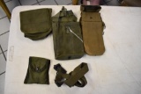 Grouping of Military Green Gear, Web Belt, Canvas Holsters, bags, US Nylon Pouch London Bridge Pouch