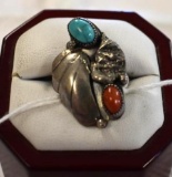Vintage Native American Silver Navajo Ring with Turquoise and Coral
