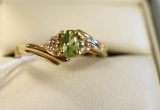 Gold Ladies Ring with Peridot Center Stone and Diamond Side Accents