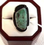 Old Pawn Navajo Native American Ring with Turquoise in Silver, Initials engraved I.B.