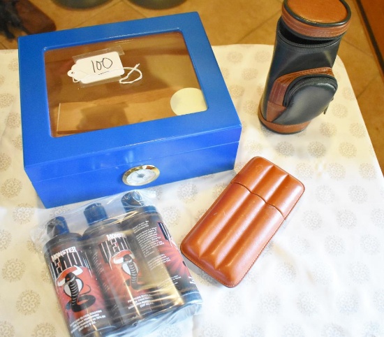 Cigar Portable Humidor with Accessories and 3 part Leather Cigar Holder; Solution