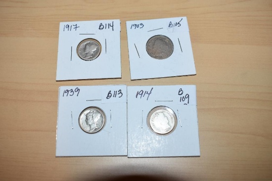 Grouping of Type Coins Silver: 1903 V Nickel, 1914 Barber Dime; 1917 & 1939 Mercury Dimes