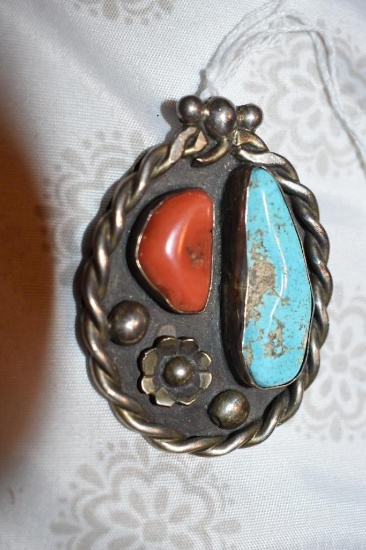 Auth. Old Pawn Native American Pendant with Turquoise and coral, Rope design around edge Signed KM