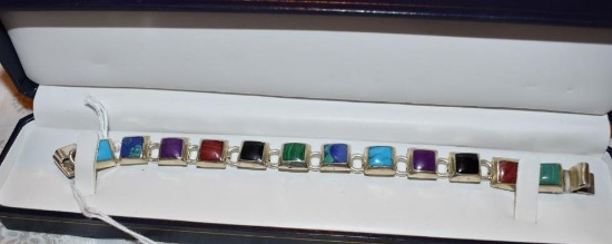 Vintage Multi Stone Bracelet 7 3/4 in. Stamped 925 with Malachite, Turquoise, Lapis and More stones