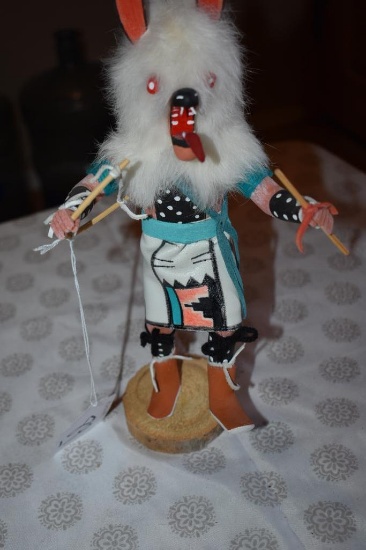 Authentic Dancing Hopi Kachina "Wolfman" Signed by Artist, K. Calin 9.5 in tall