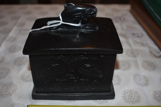 Native Folklore Inuit Style Treasure Box with Lid apx 4 x 5 x 3 Made in Canada, Paper on bottom